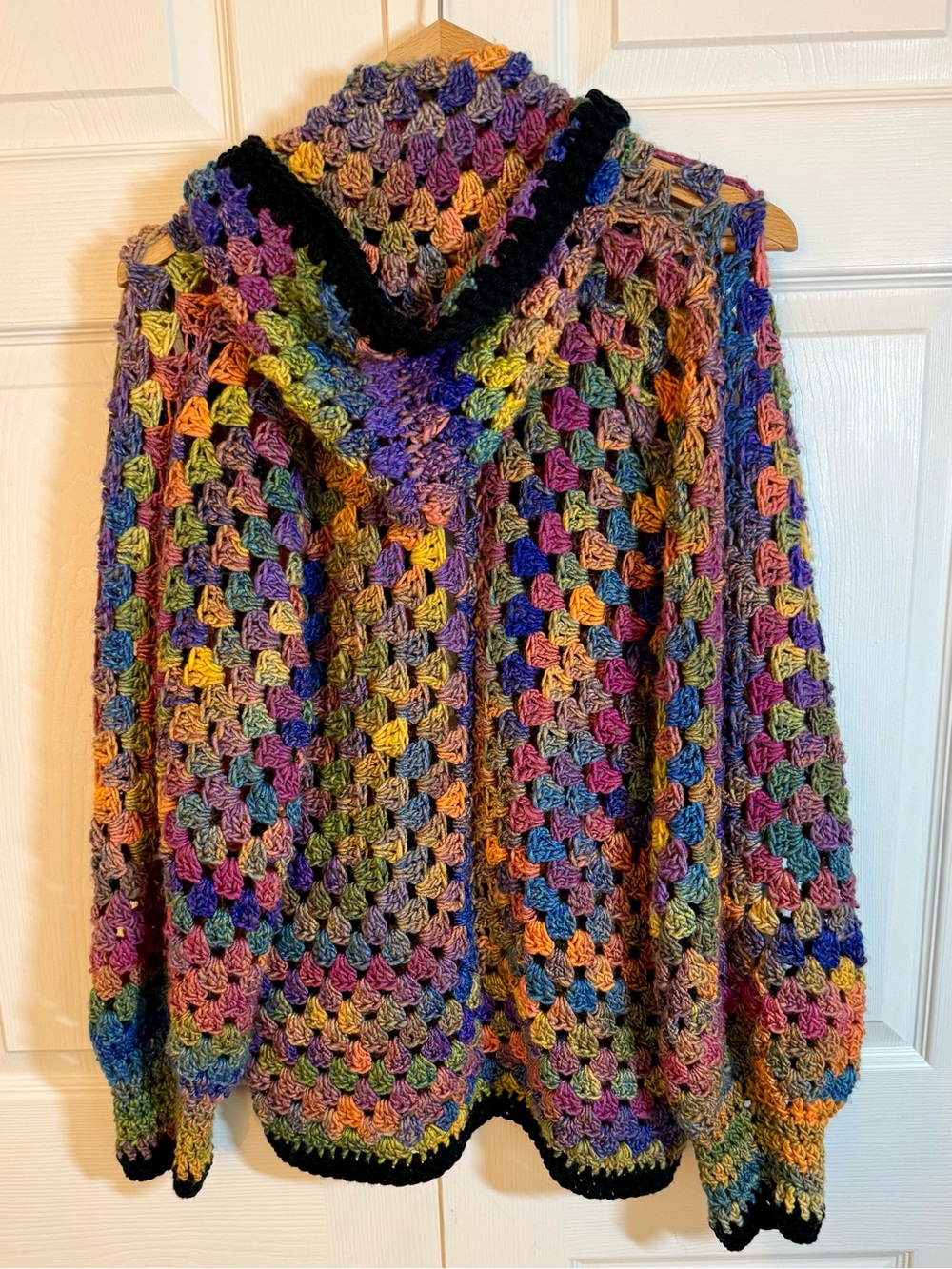 Handmade Multicolor Crochet Hooded Hexagon Cardigan with Black Trim - Picture 4 of 7